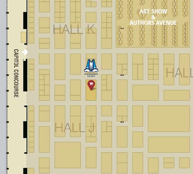 Floodgate Games booth location on the Gen Con exhibit hall map